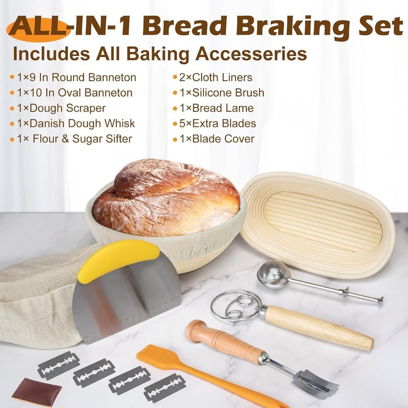 Neddie Banneton Bread Proofing Baskets Set Sourdough Bread Baking tools sourdough starter kit Bread Making Baking Fermentation with 9 Inch Round & 10 Inch Oval Woven vine Basket Gift Set - Image 2